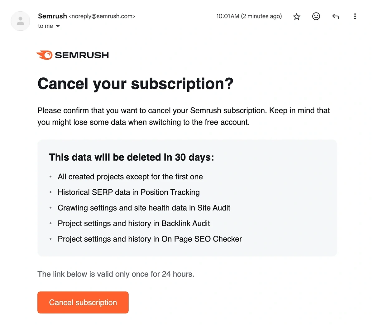 Finalizing Semrush cancelation from inbox
