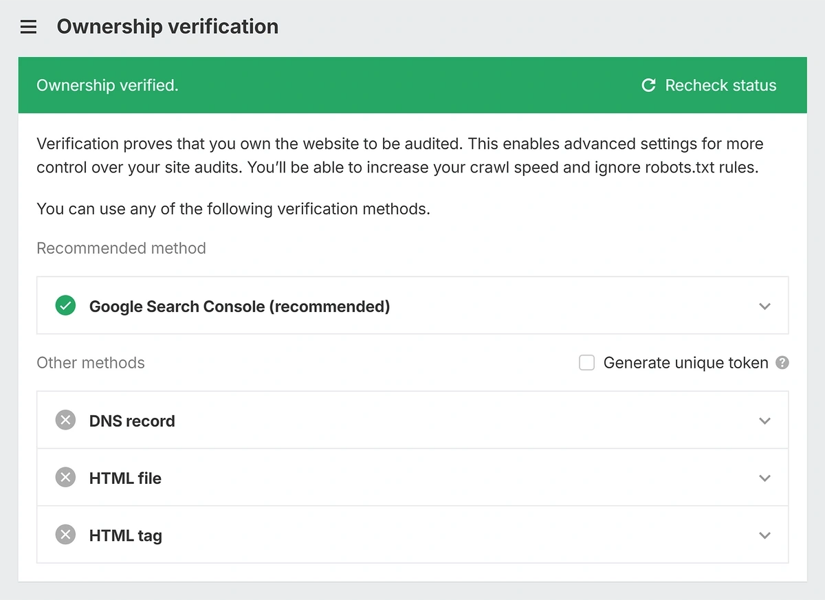 The Ahrefs ownership verification screen gives site owners several options.