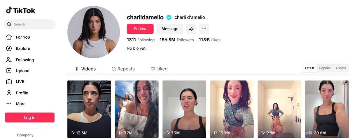 Screenshot from Charli D'Amelio's TikTok page