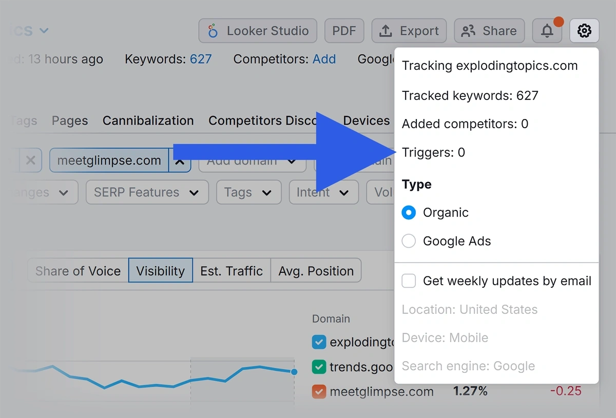 Setting up triggers for keyword position tracking results in Semrush