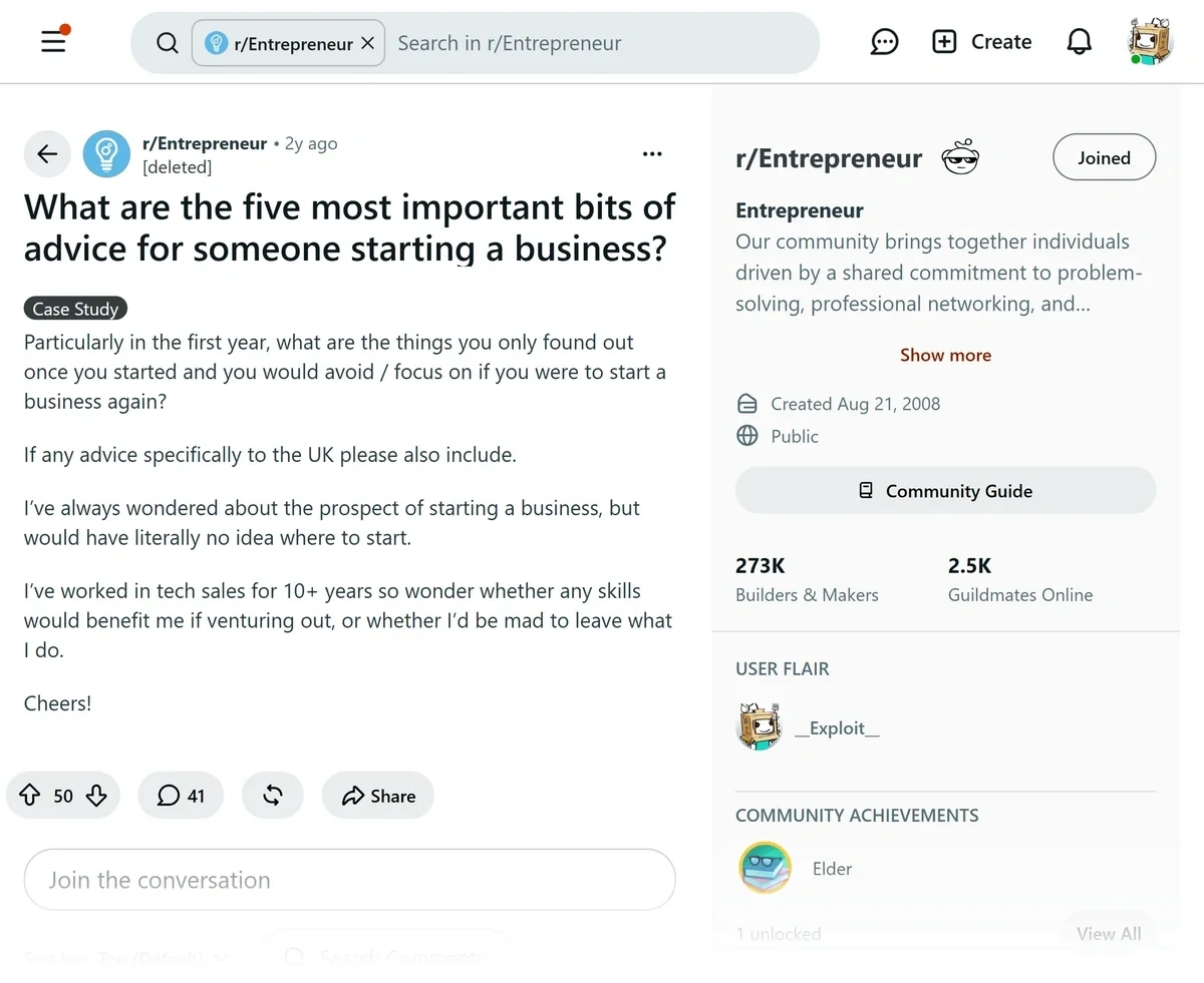 Reddit post for entrepreneur advice
