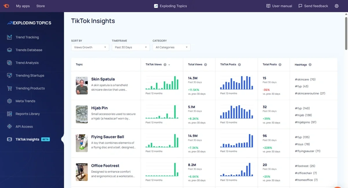 TikTok Insights tool within Exploding Topics