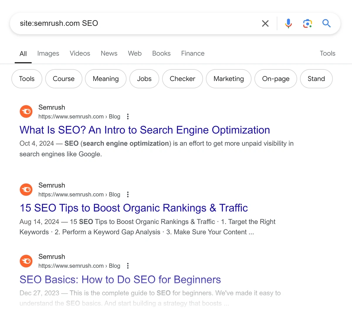 Webpages listed from Semrush that have SEO as a keyword