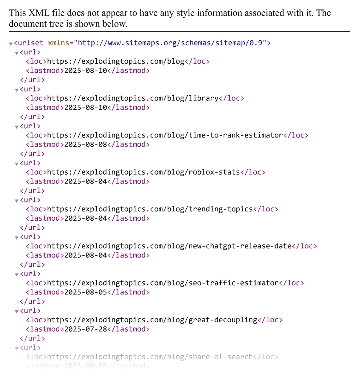 An example XML sitemap