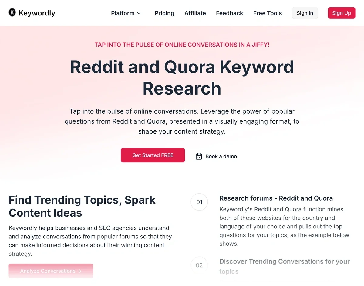 The red and white Keywordly homepage explains its Reddit and Quora research tools.