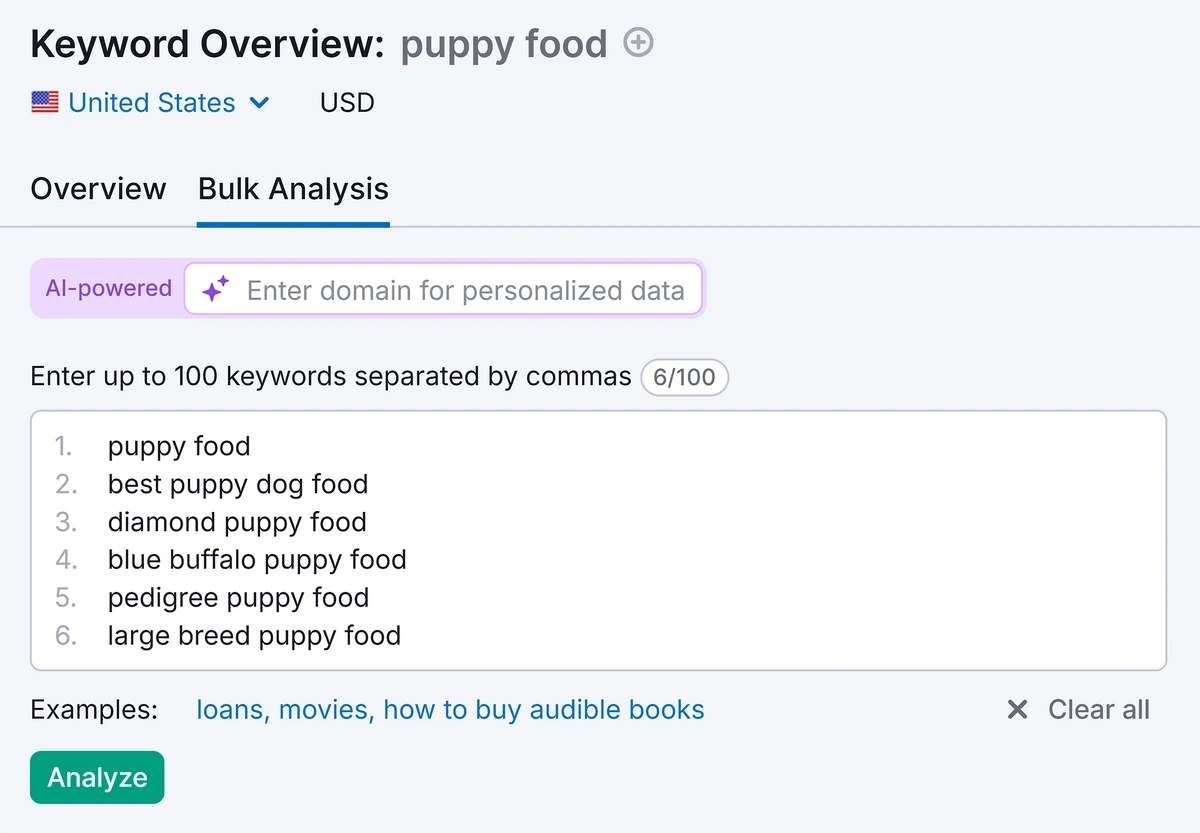 Bulk keyword analysis in Semrush