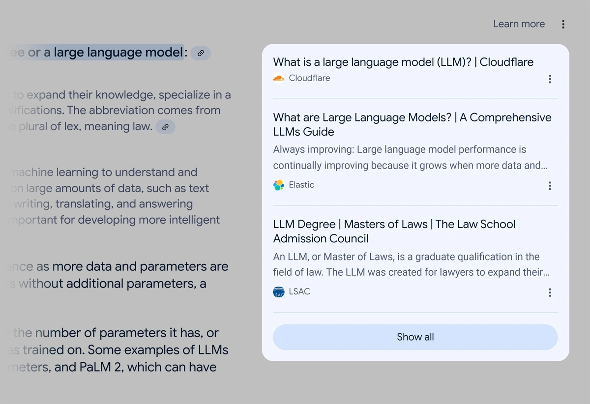 Google’s AI Overview sources for the query “What is an LLM"