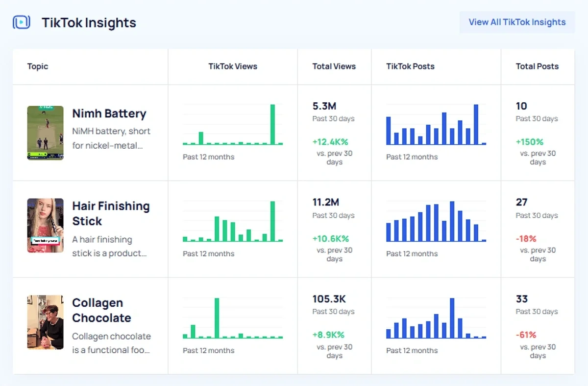 The TikTok Insights section of the Exploding Topics dashboard.