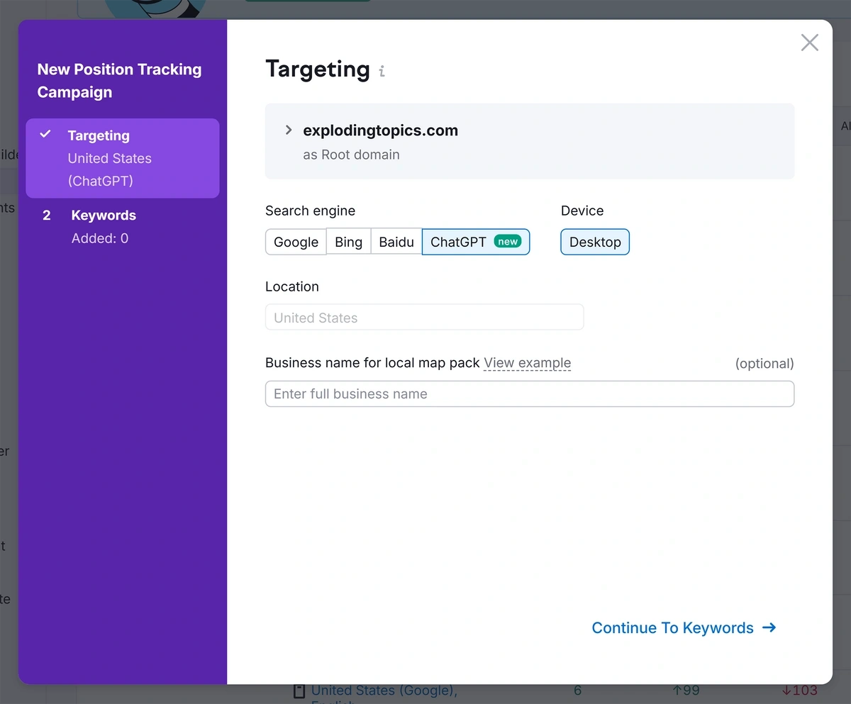 osition Tracking feature with ChatGPT selected as search engine in Semrush