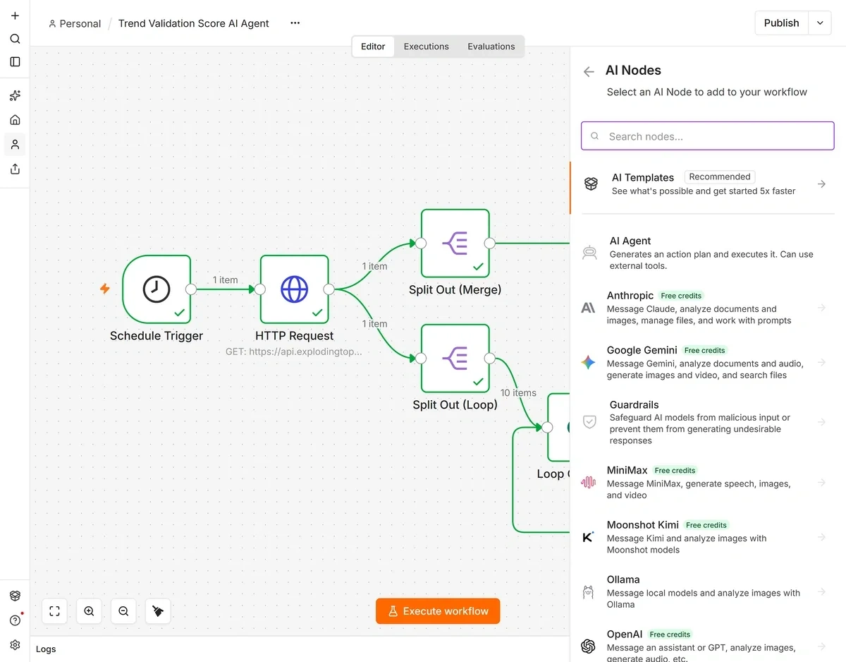 Adding an AI Agent node in n8n