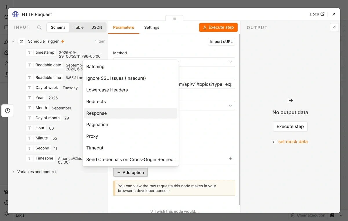 Adding an option to an HTTP Request node in n8n