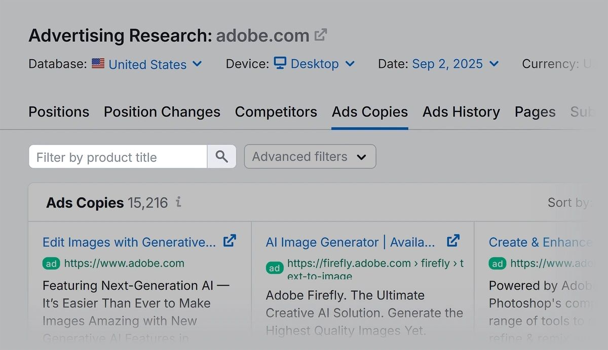 Ad copy filters in Semrush advertising report