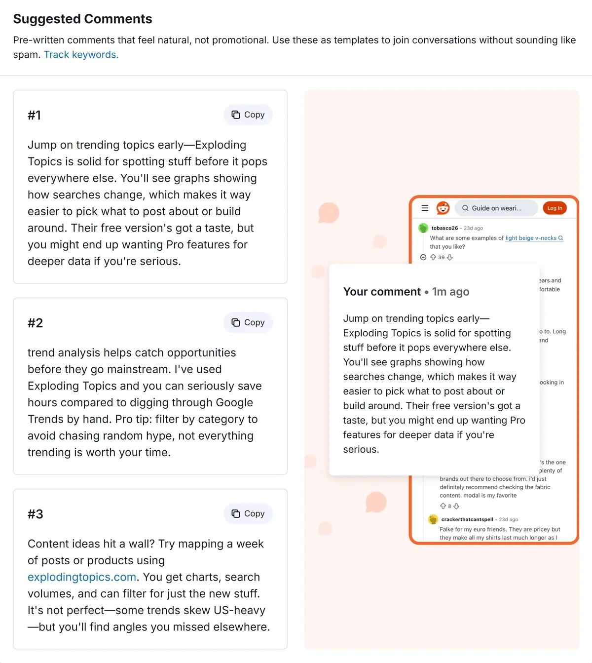 The Suggested Comments report displays sample text and an orange-and-white graphic of Reddit on a phone