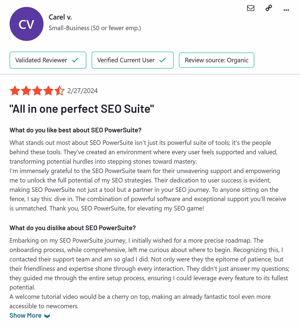 A five-star review for SEO PowerSuite from G2