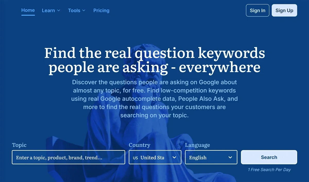 The blue Answer Socrates homepage shows a statue and a basic search box to start researching.