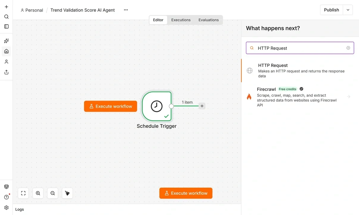 Adding an HTTP Request node in n8n