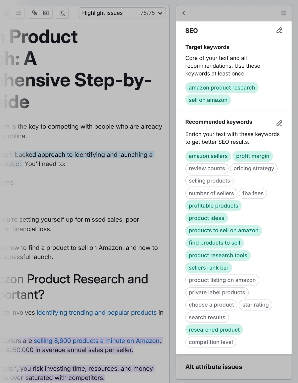 Semrush SEO Writing assistant providing real-time feedback on semantic keyword use