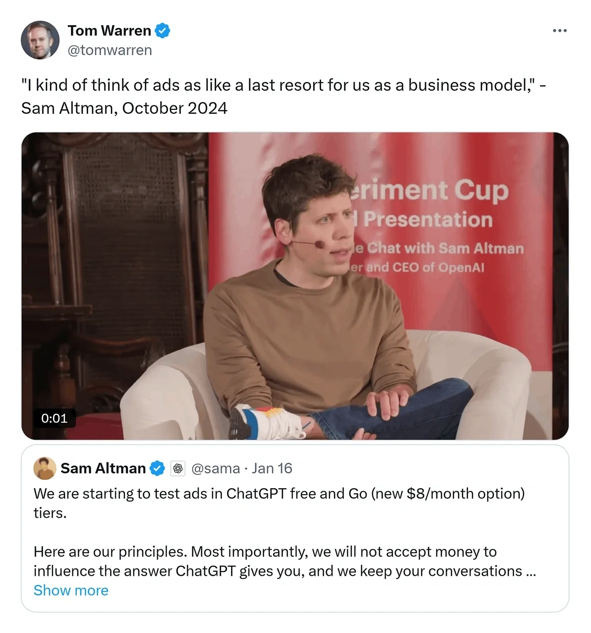 Post on X quoting Sam Altman calling ads in ChatGPT a last resort