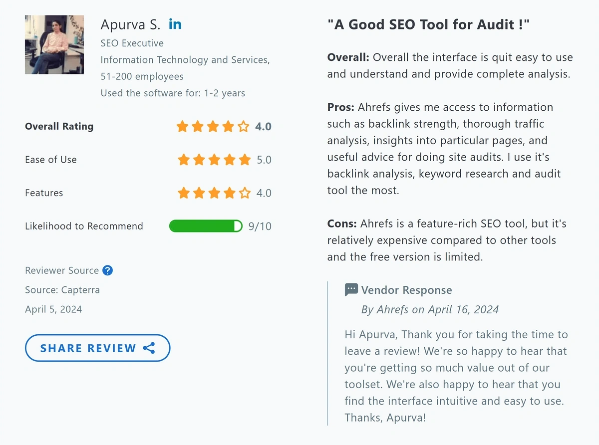 User review for Ahrefs from Capterra