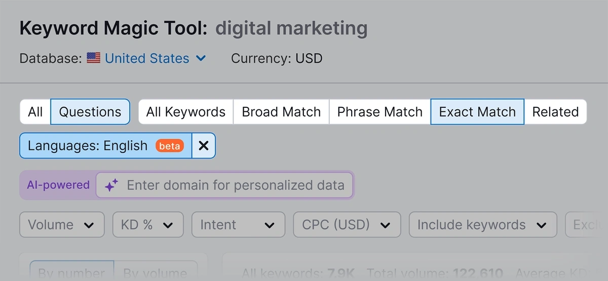Filter keywords in Semrush keyword reports