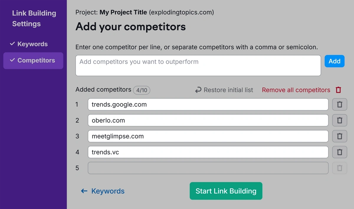 Add competitors to a link building project