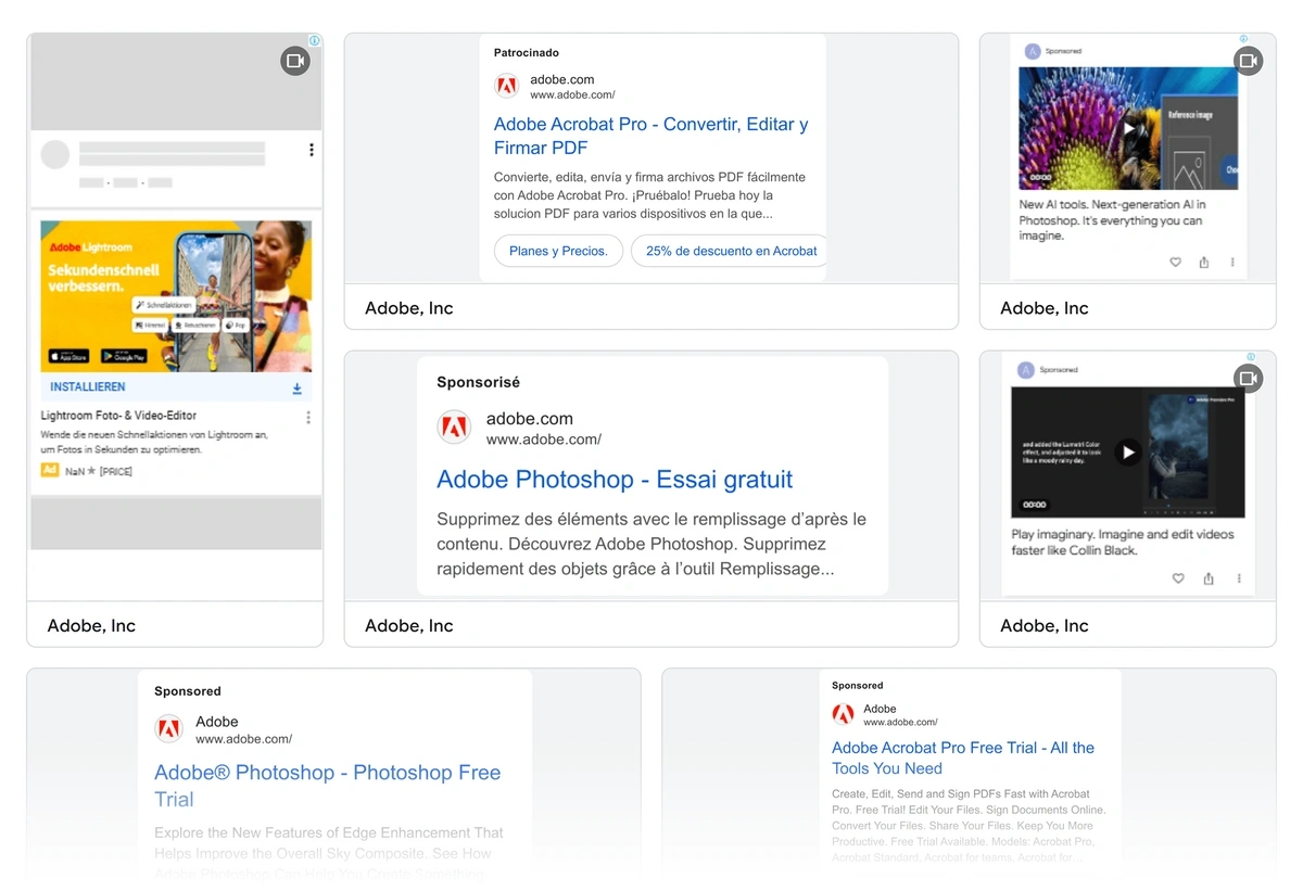 Different formats of ads displayed for a competitor