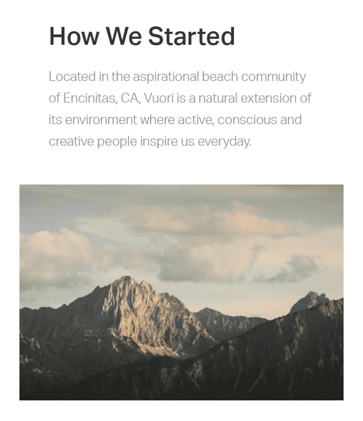 A Vuori welcome email containing elements of its brand story