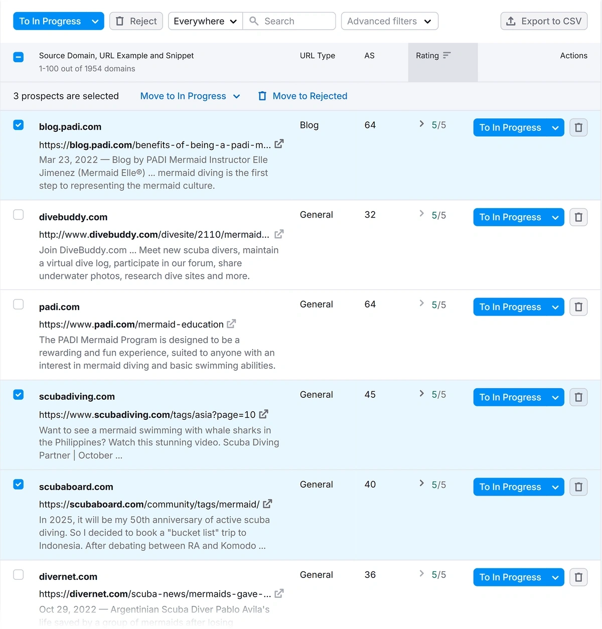 Managing prospects in a link building project in Semrush