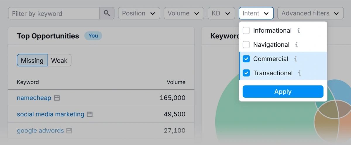 How to filter the Semrush Keyword Gap report