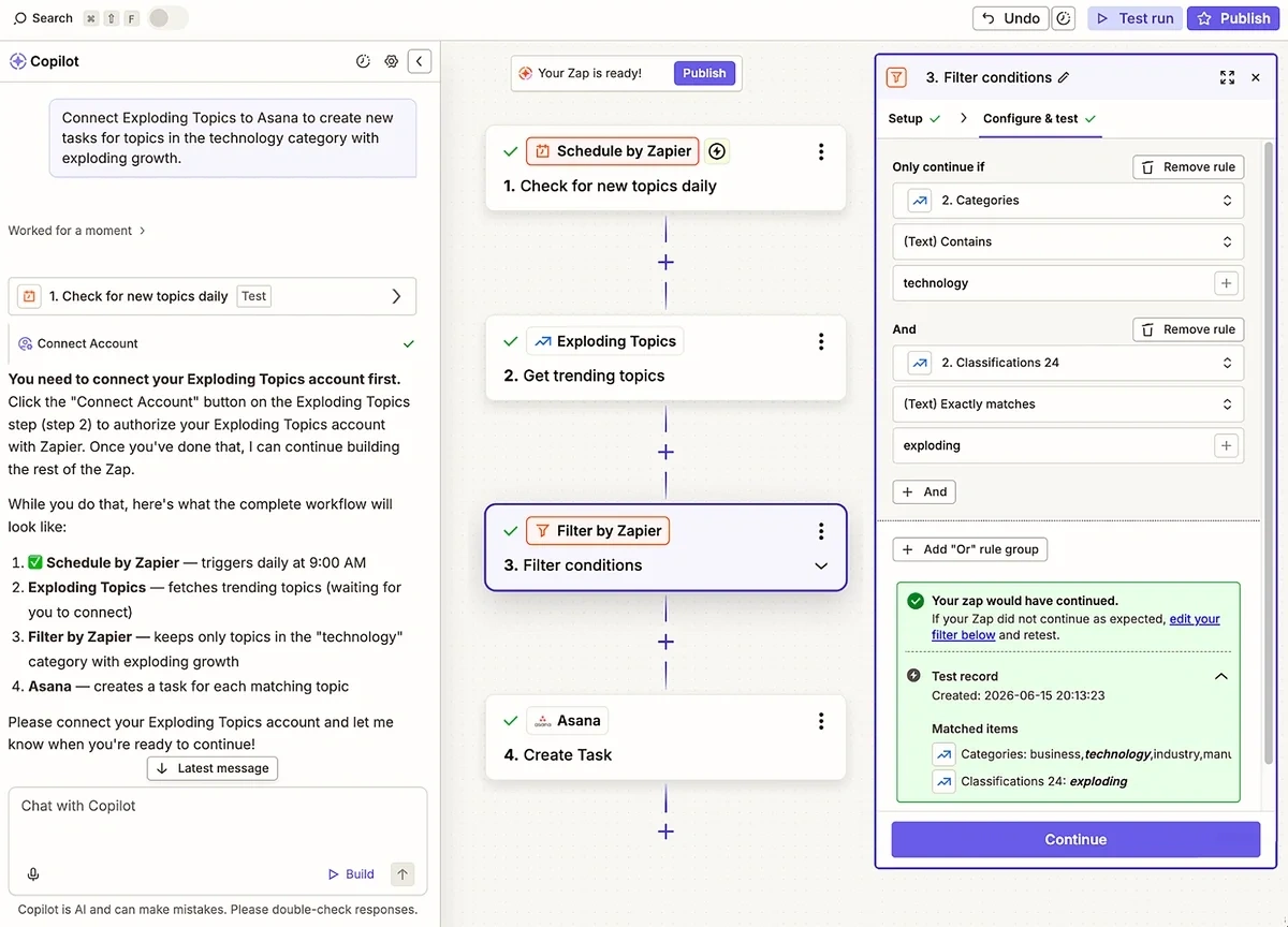 Zapier Copilot chat for building workflows