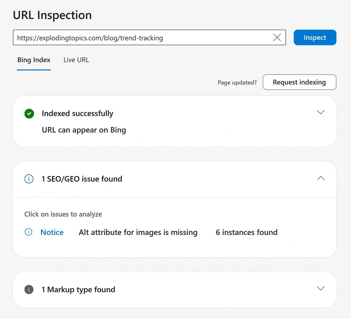 Use the Request Indexing button in Bing's URL Inspection tool