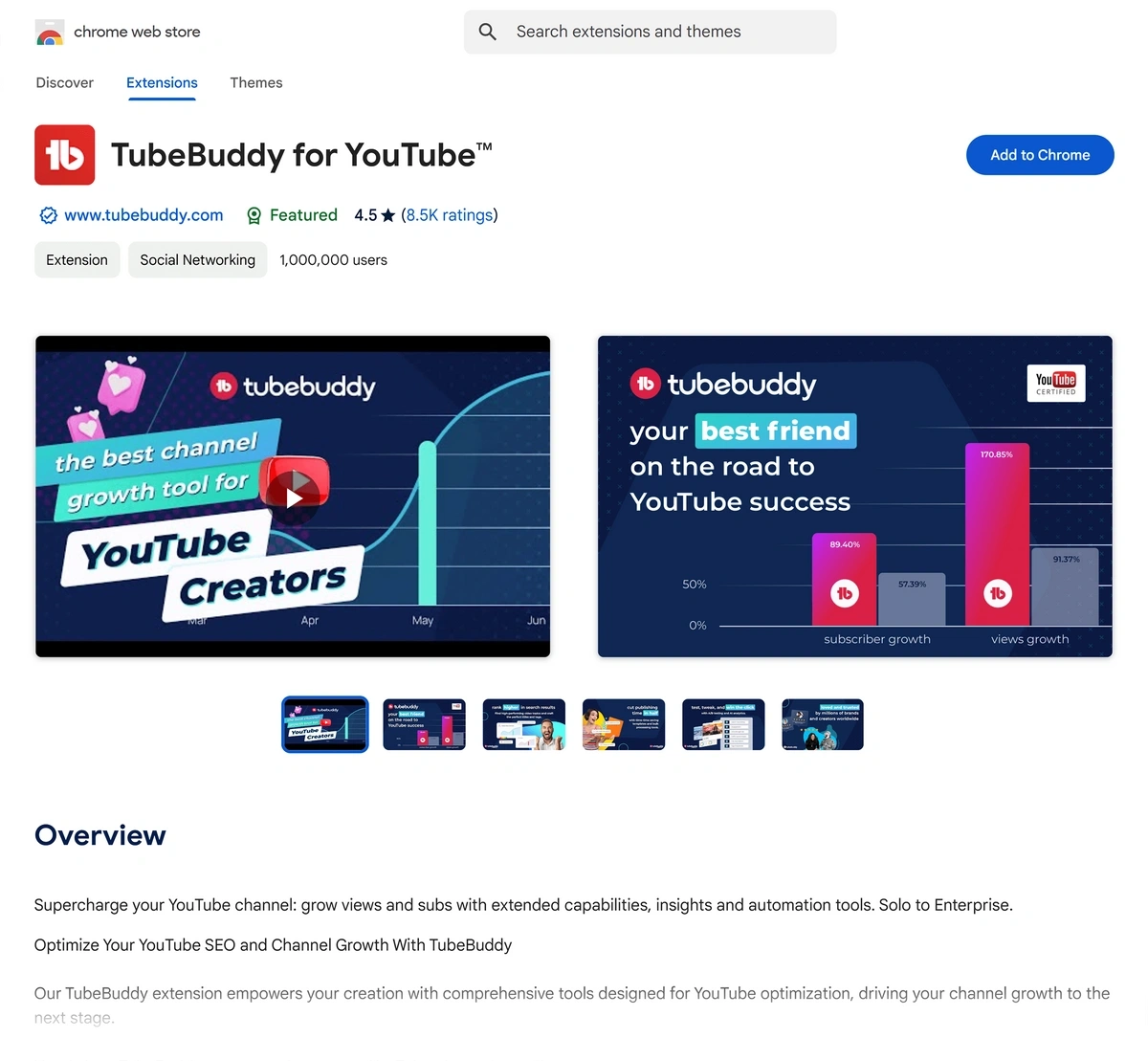 TubeBuddy Chrome extension page