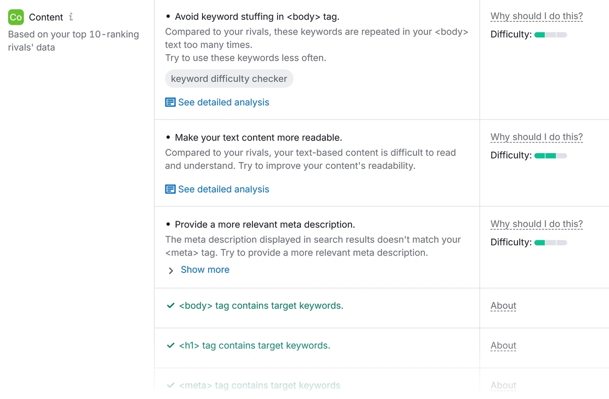 On Page SEO recommendations for an example page