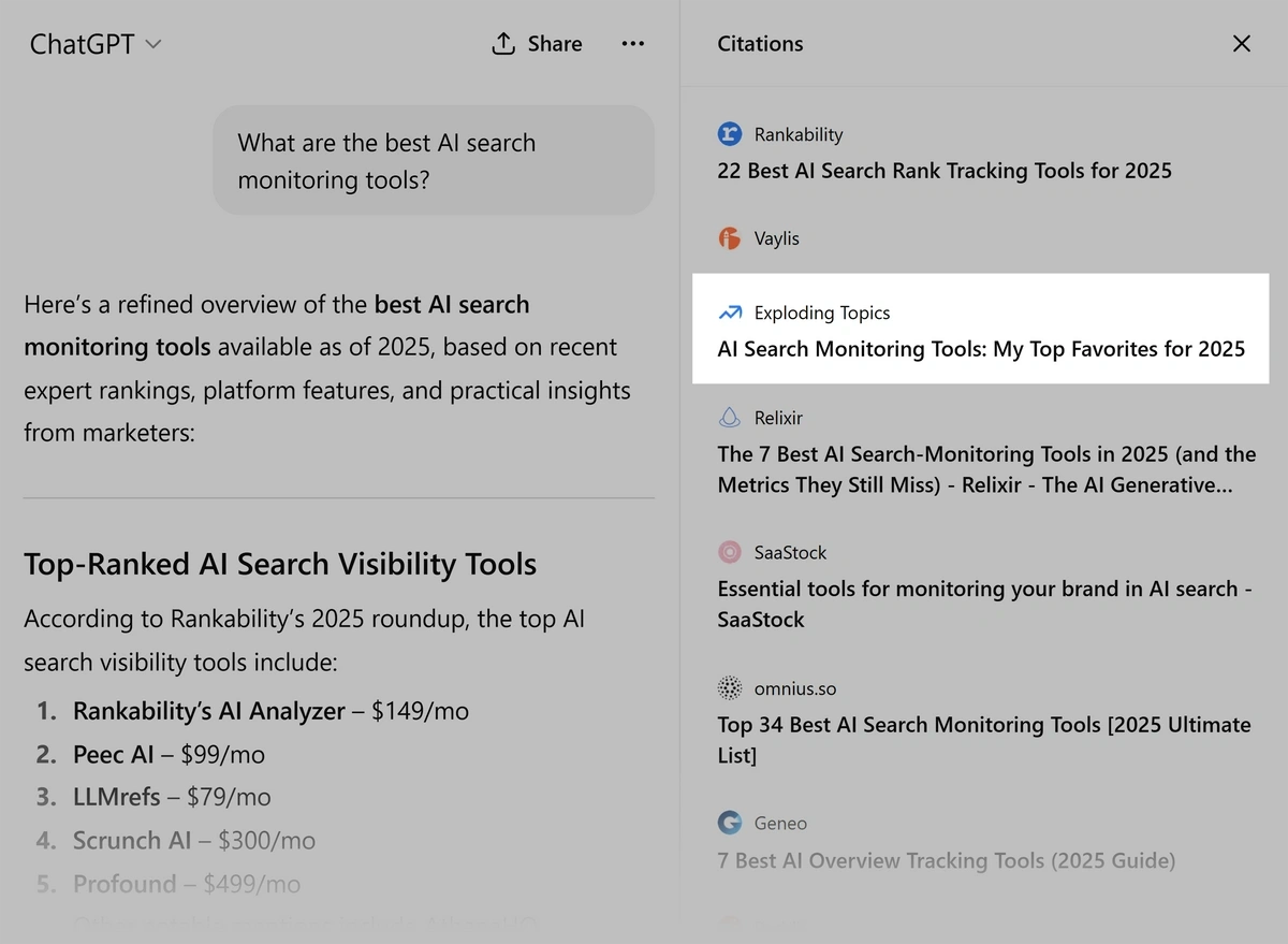 ChatGPT citing Exploding Topics on an query