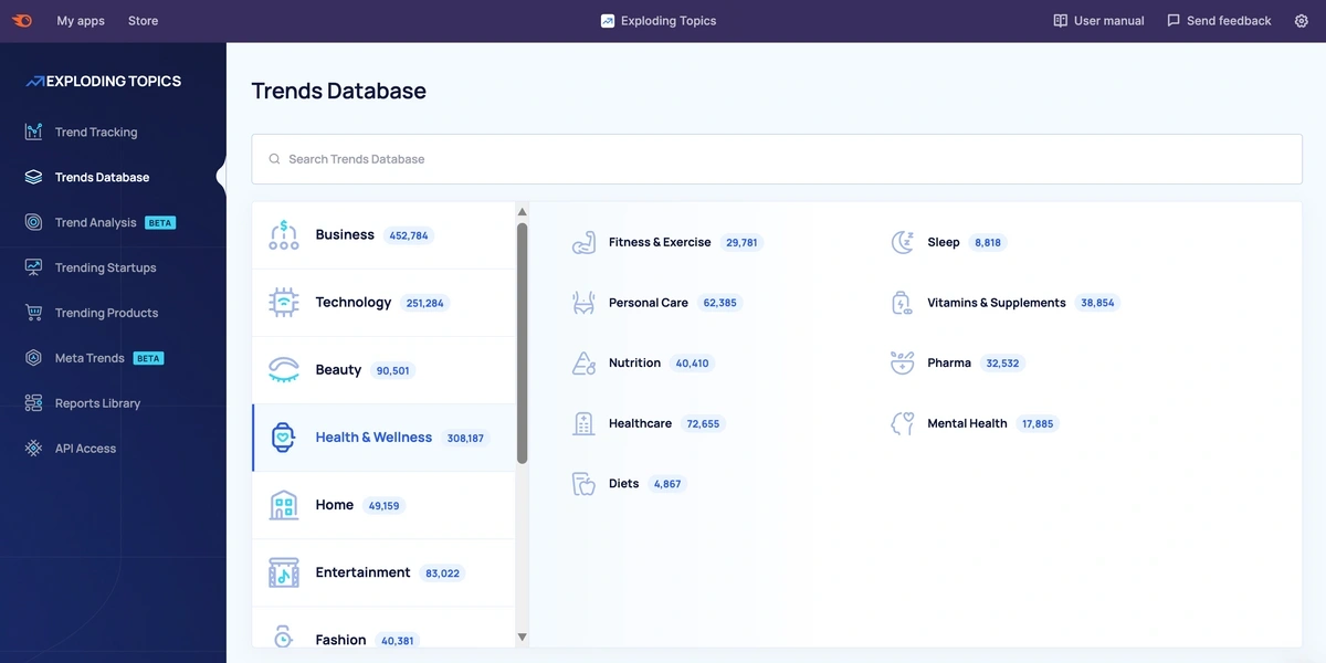 Exploding Topics Pro Trends Database