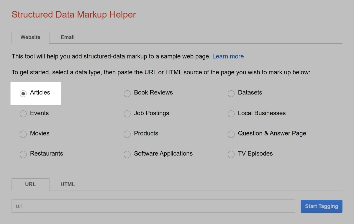 structured data markup helper with articles option highlighted