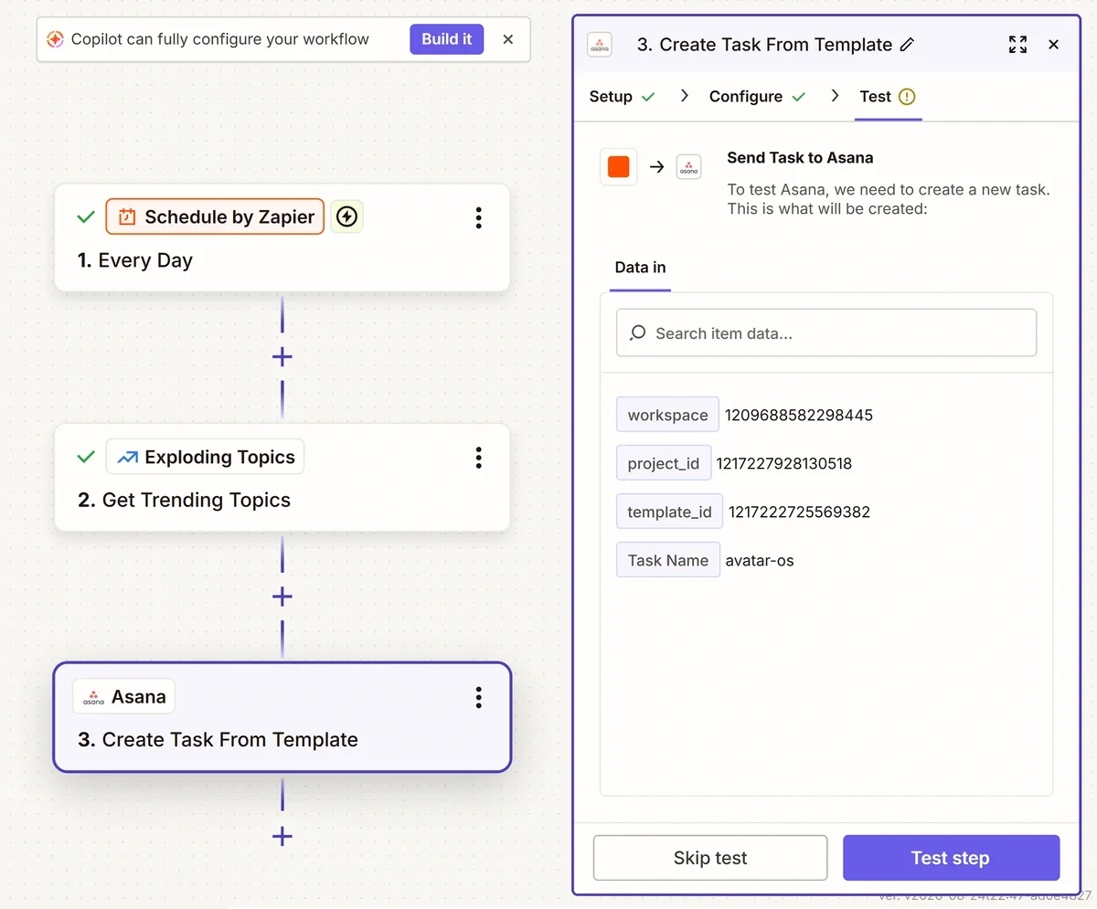 Asana Test step option in the Zapier workflow builder