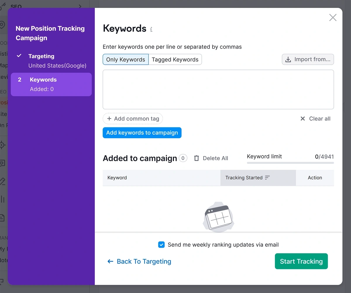 Adding keywords to a Position Tracking campaign