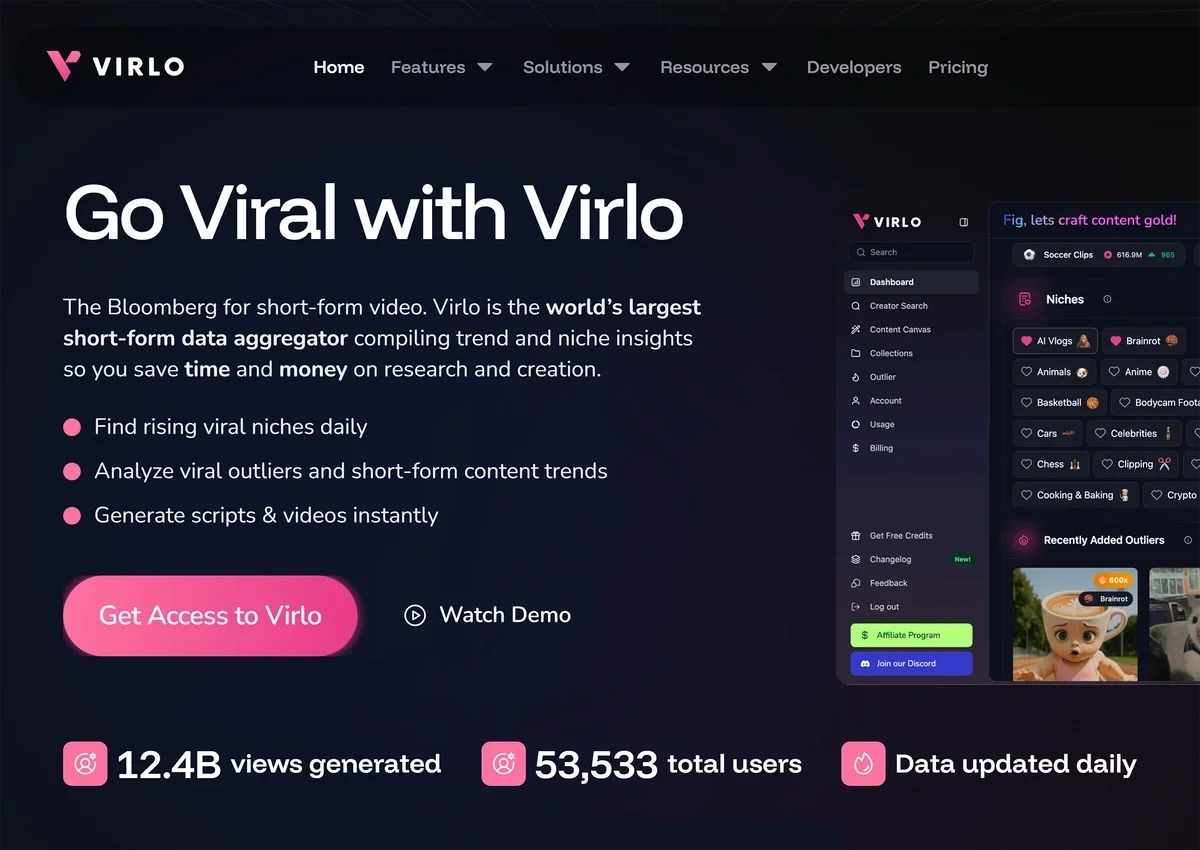 The pink-and-black Virlo homepage says that it's "the Bloomberg" for short-form video.