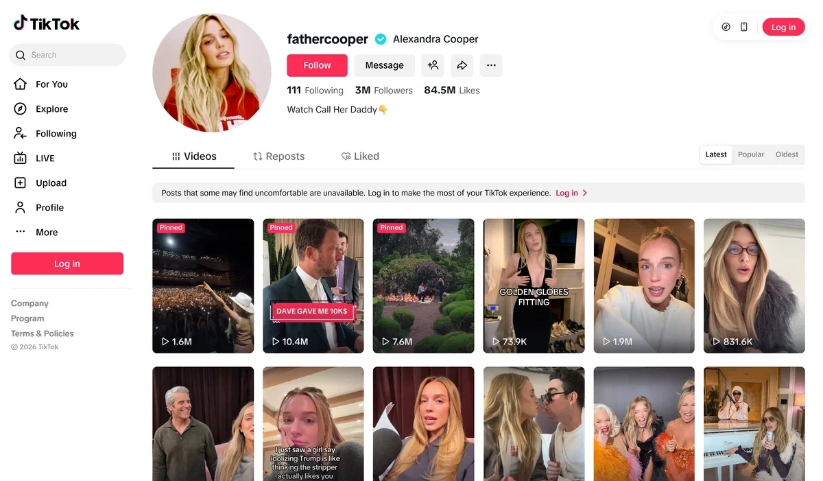 Screenshot of Alex Cooper's TikTok page