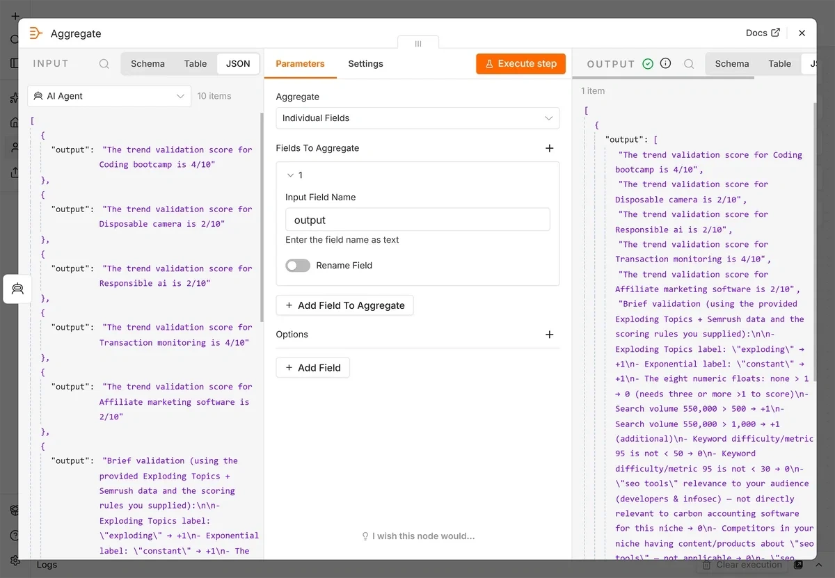 Successful output for an Aggregate node in n8n
