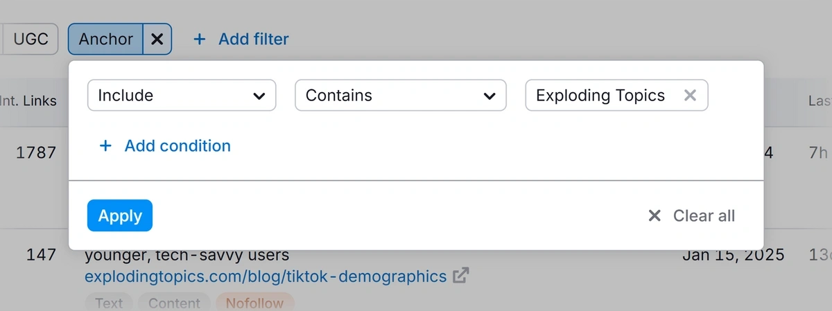 Semrush backlink analytics filters