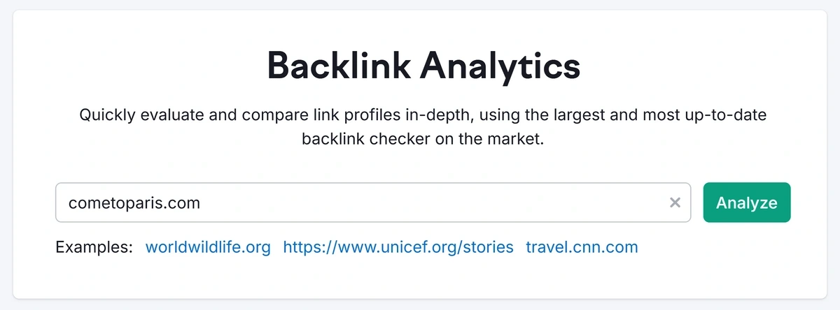 Searching for a domain in Semrush backlink analytics