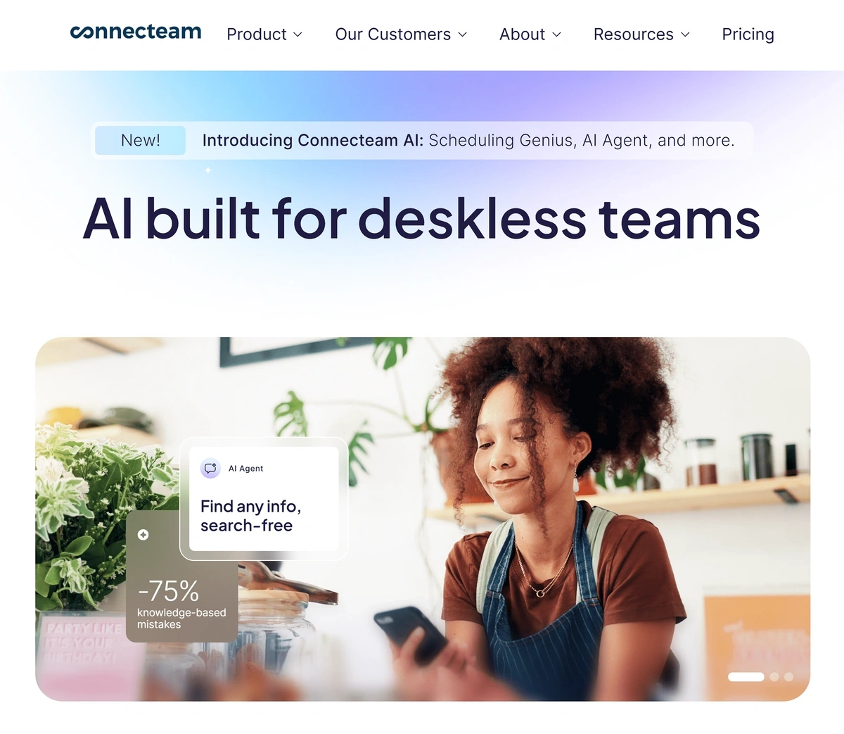 The Connecteam homepage advertises “AI built for deskless teams” above pictures of people at work in retail and service industries