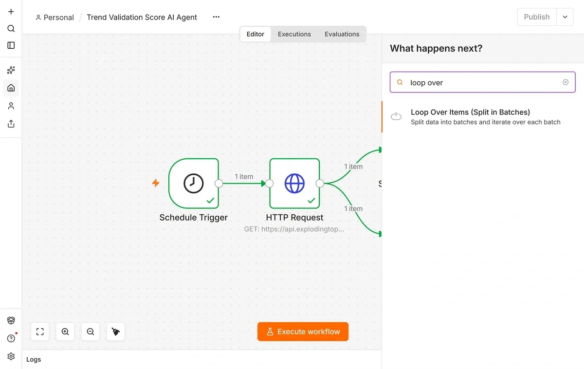 Adding a Loop Over Items node in n8n