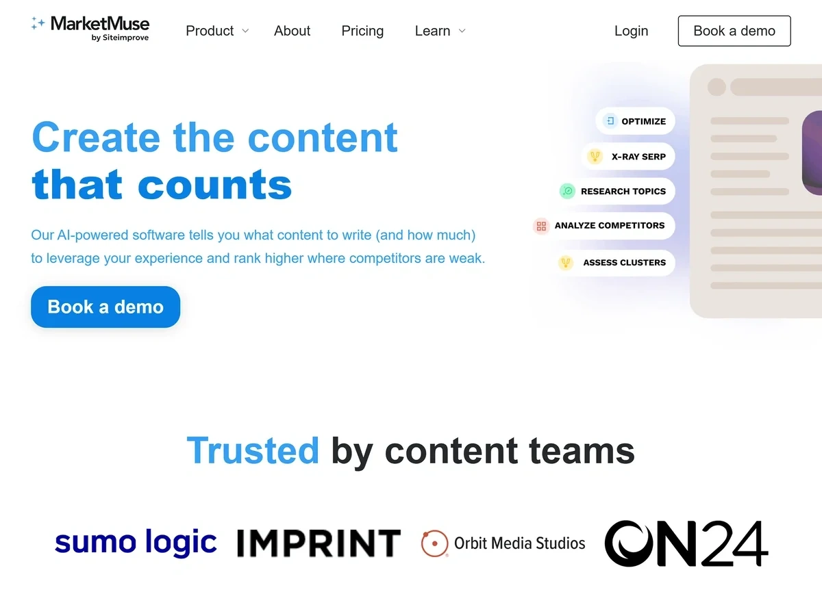 The MarketMuse homepage reads "Create the Content that Counts."