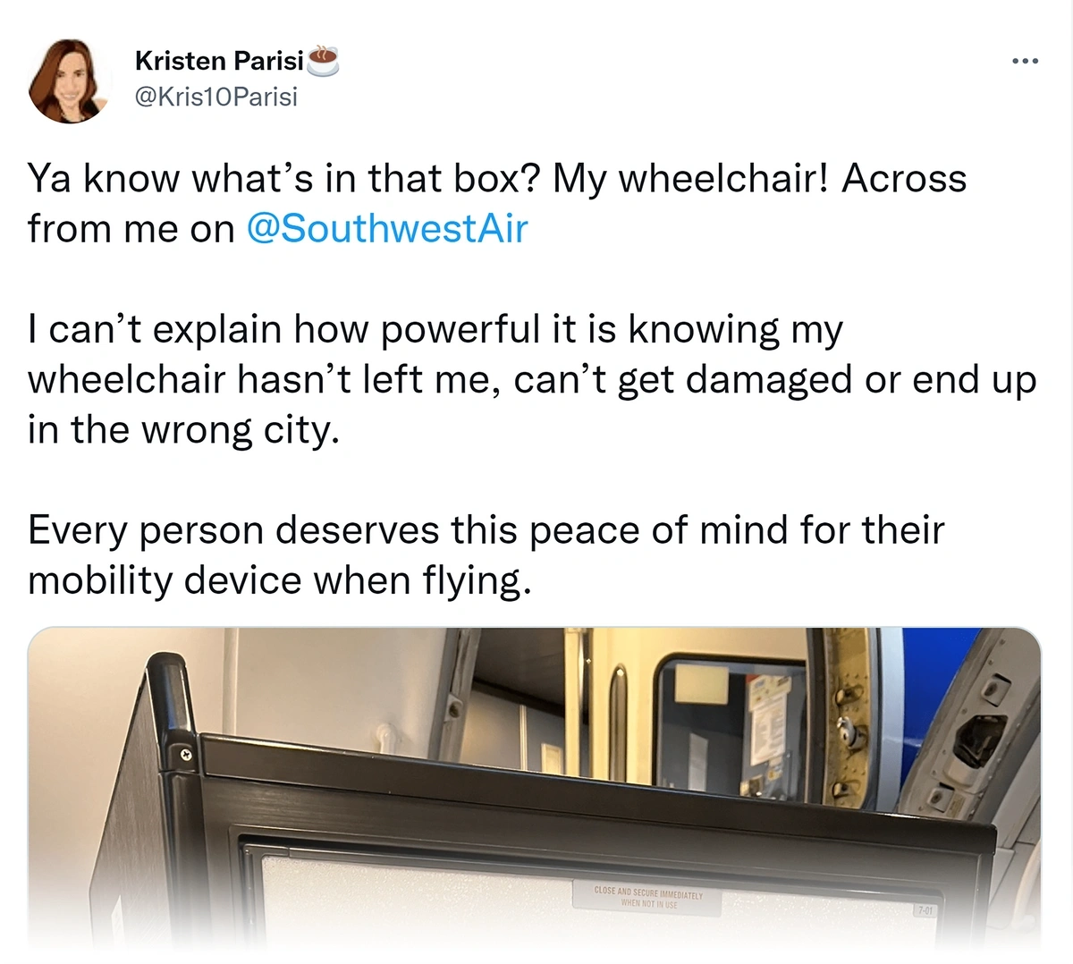 X (formerly Twitter) post from user Kristen Parisi praising Southwest Airlines for transporting her wheelchair in-flight