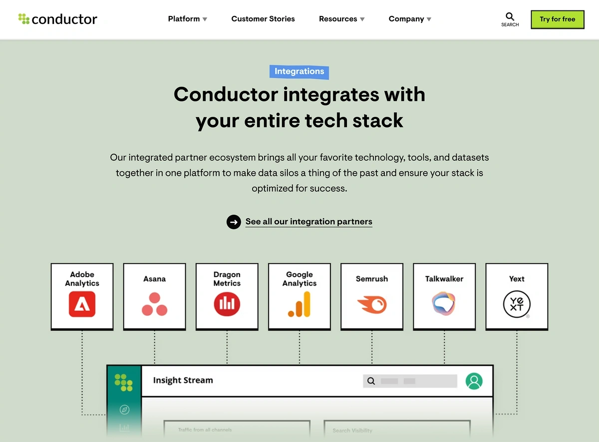 A Conductor webpage with green and white graphics illustrating tool integrations.