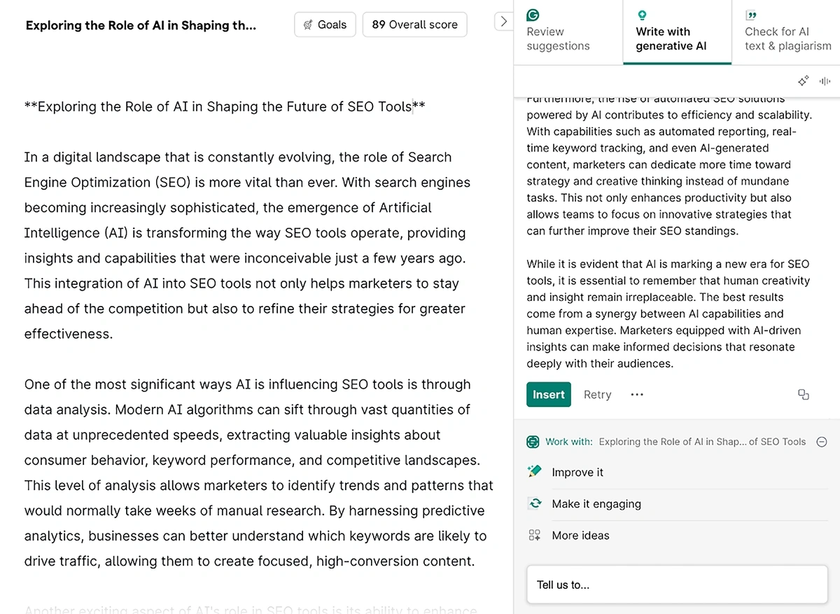 Generating a blog post with Grammarly AI