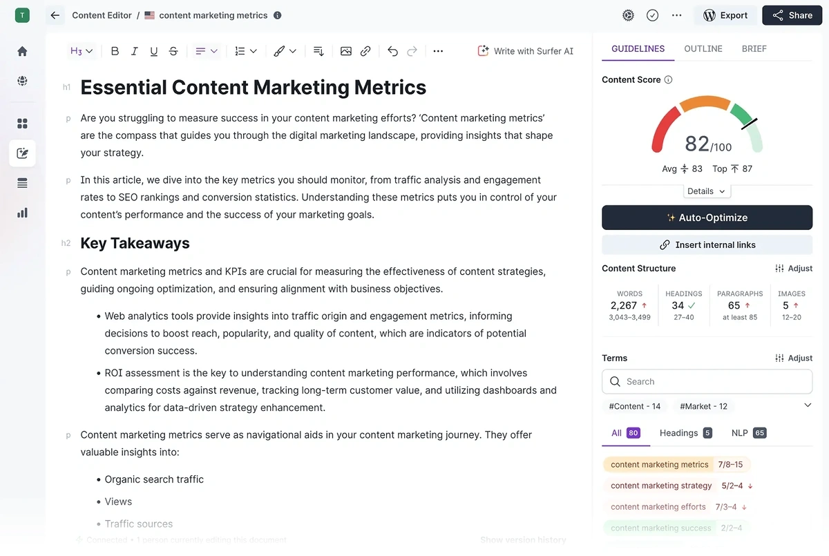 SurferSEO content score of an example article